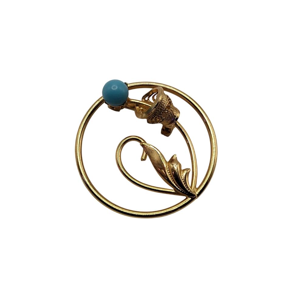 Vintage 12K Gold Filled Swirl Brooch Turquoise Bead Mid Century